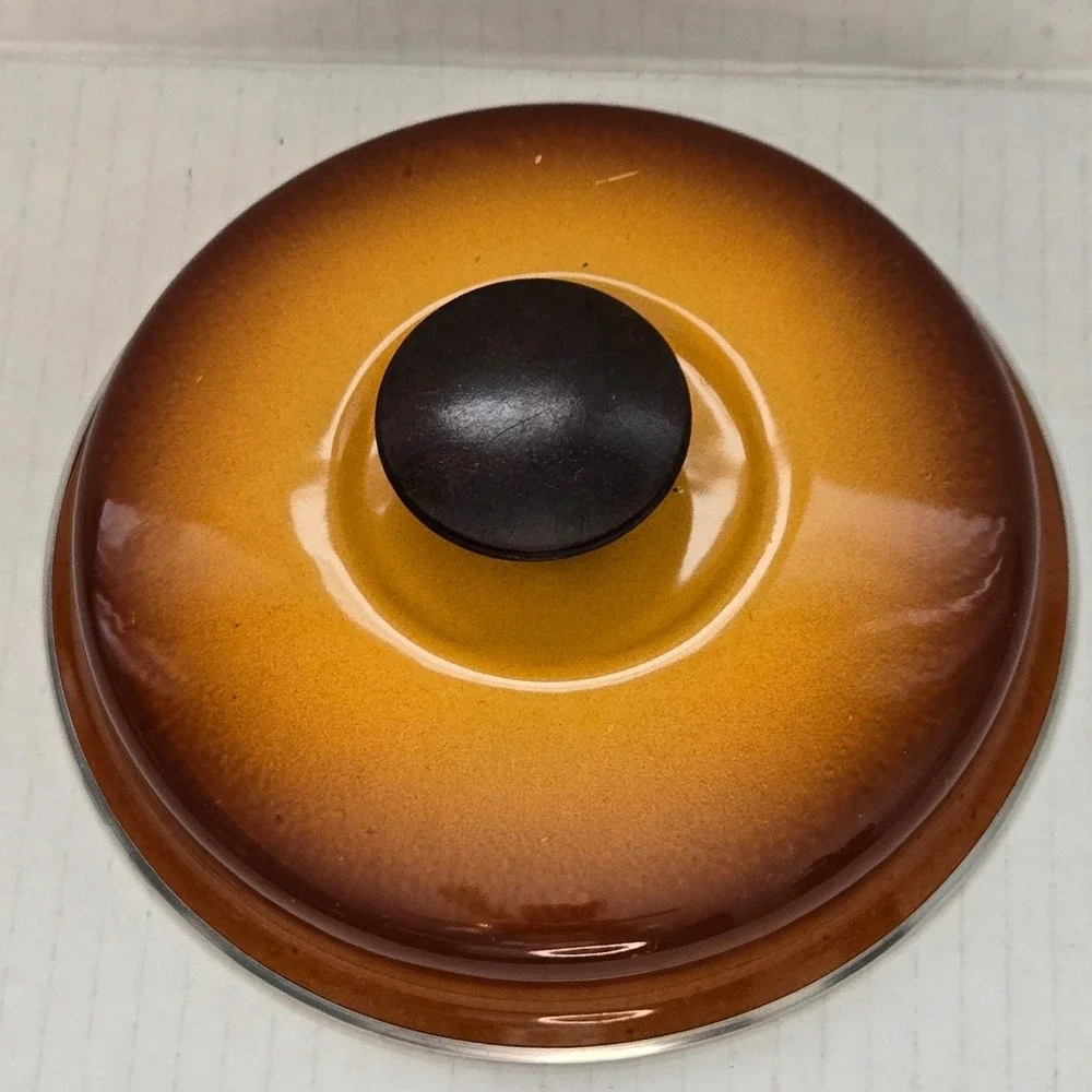 Vintage Orange Brown Ombre Enamel Replacement Pot Lid 6.25 Inch MCM Sunburst